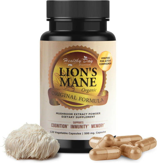 Lion Mane Mushroom Supplement, Pure Lions Mane Extract Mushroom for Cognitive Health, 100% Organic Lions Mane Formula for Optimal Brain Focus