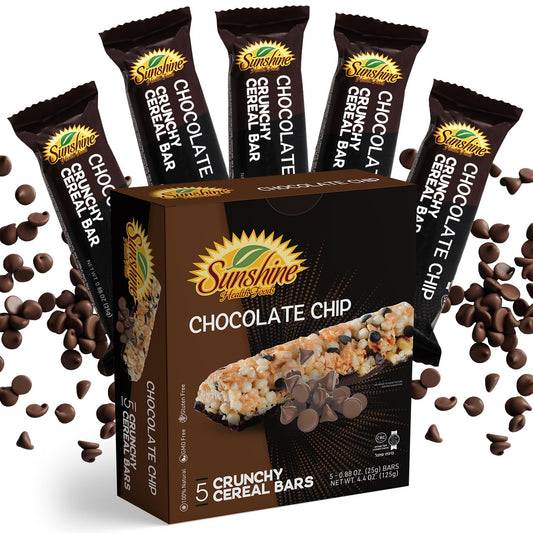 Crunchy Cereal Bars, Chocolate Chip Cereal Snack Packs, Ideal Gluten free Cereal Bars for Kids, Adults for a Tasty Option, Perfect Breakfast Bars or Snack Food Bars for On the Go. 5 Pack (Kosher) - Healthy Day Supplements